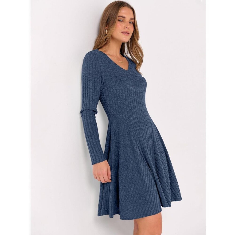 Women's Long Sleeve Ribbed Short Dresses V Neck Swing Sweater Dress Dark Blue - Picture 5 of 7
